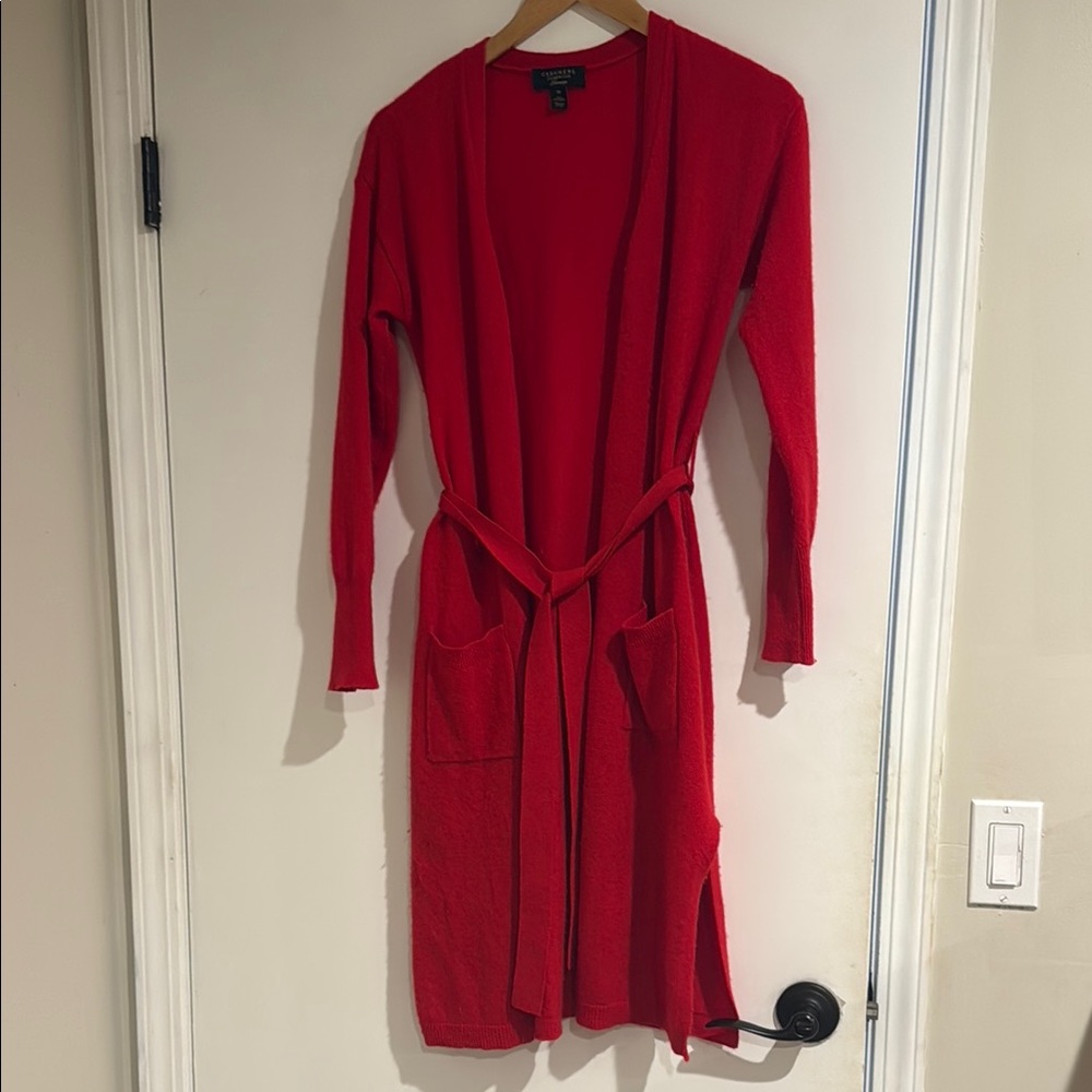 Cashmere Charter Club Red Long Open Front Cardigan with Belt